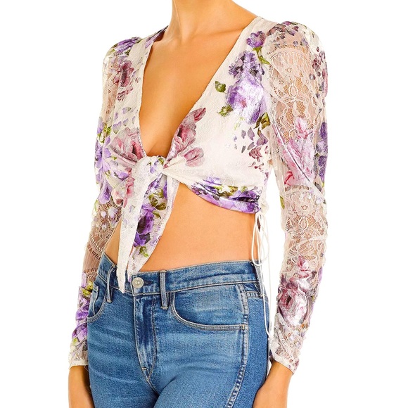 NEW For Love & Lemons Wildflower Tie-Front Cropped Top - Picture 1 of 6